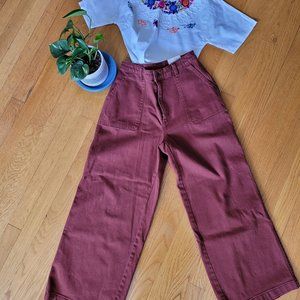Burgundy twill cotton wide-legged pants